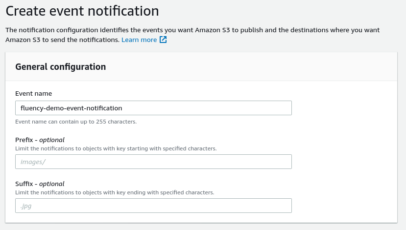 Create event notification form with the Event name field filled in