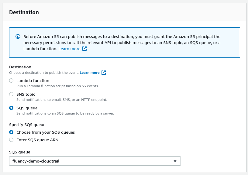 Destination section set to SQS queue, with the queue created in the previous step selected