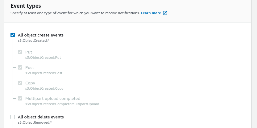 Event types section with the All object create events checkbox selected and the other types cleared