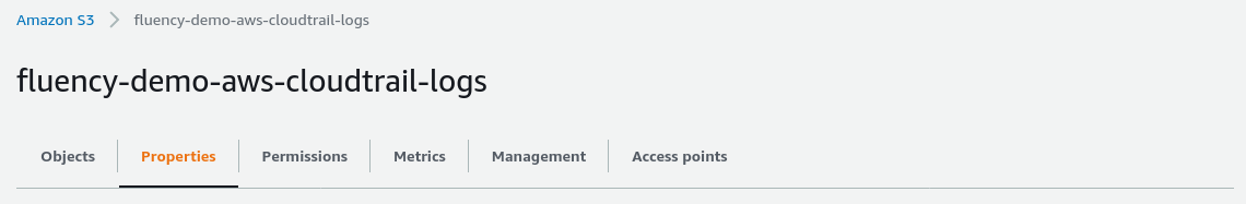 S3 bucket detail page with the Properties tab selected