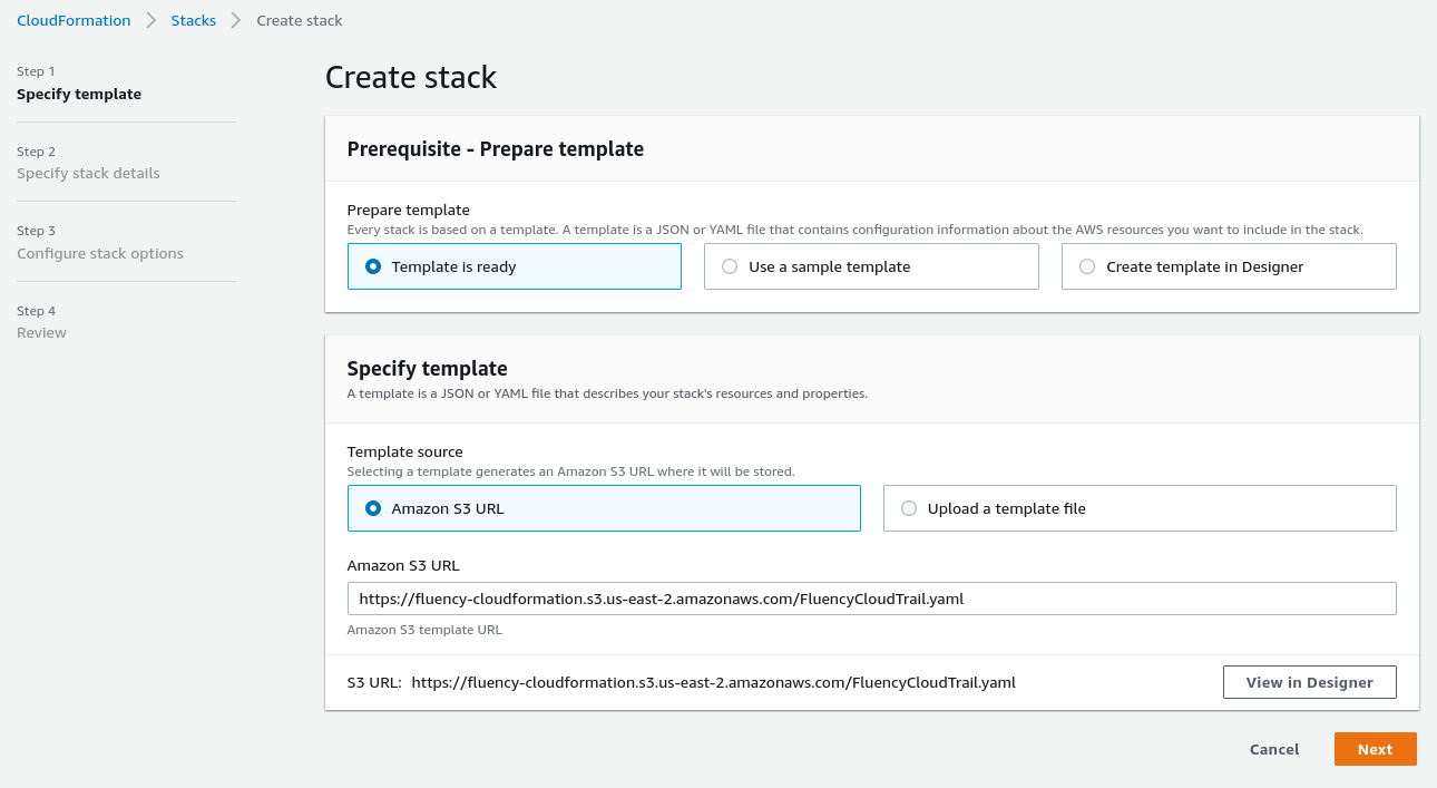 Create stack, Specify template step with Amazon S3 URL selected and the template URL entered