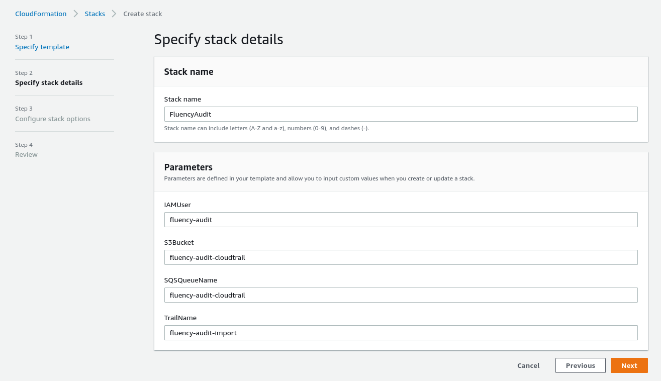 Create stack wizard with the Next button at the bottom right of the Specify template step