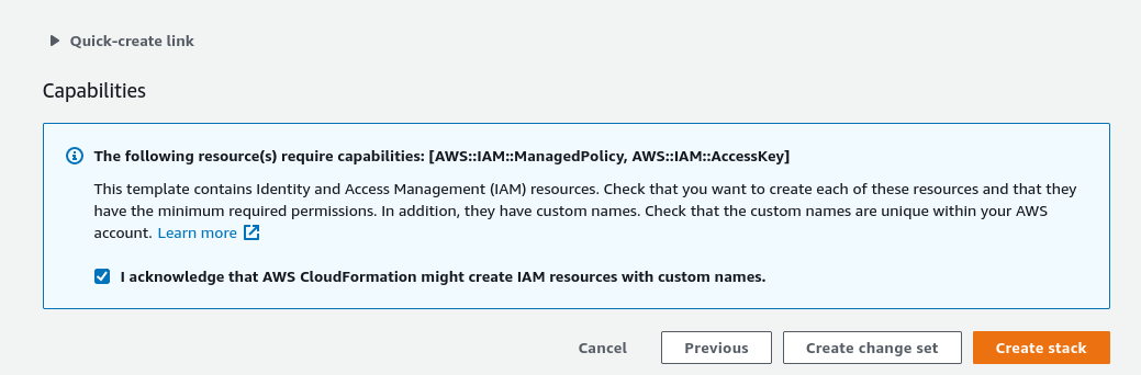 Configure stack options step scrolled to the Next button