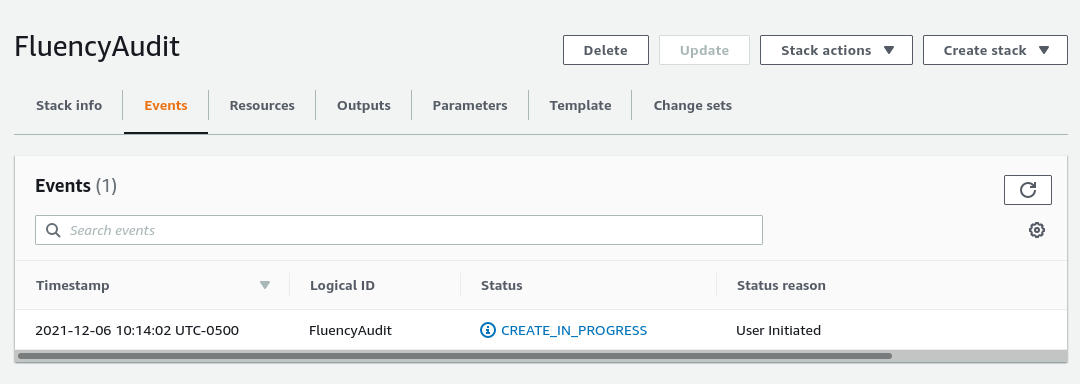 Review step showing the template, parameters and the Create stack button