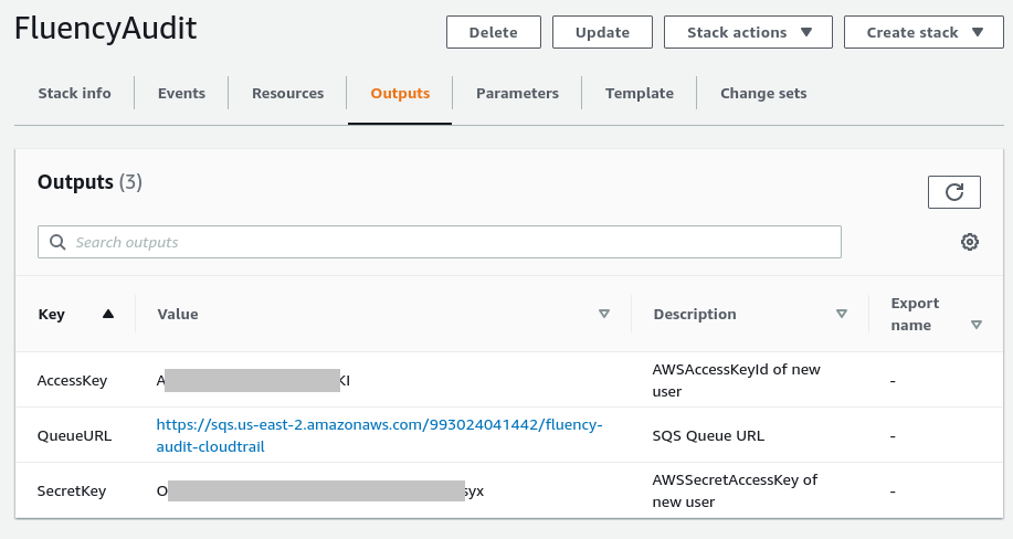 Stack detail page with the Outputs tab selected