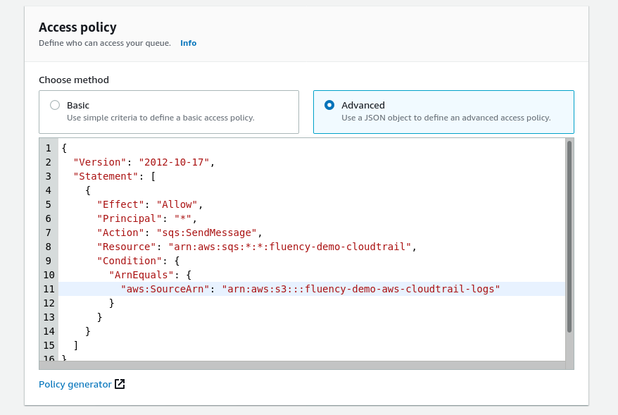Access policy section of the Create queue page with the Advanced method selected and the JSON policy editor open