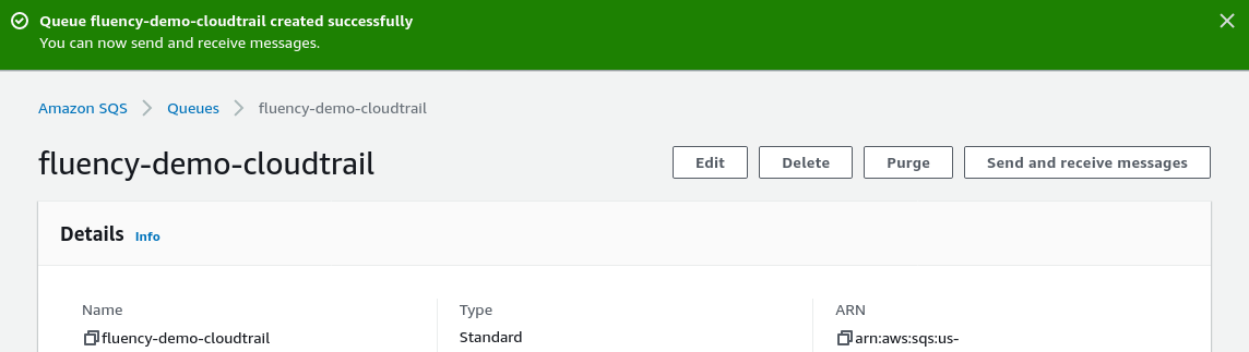 Saved event notification listed against the bucket, targeting the SQS queue