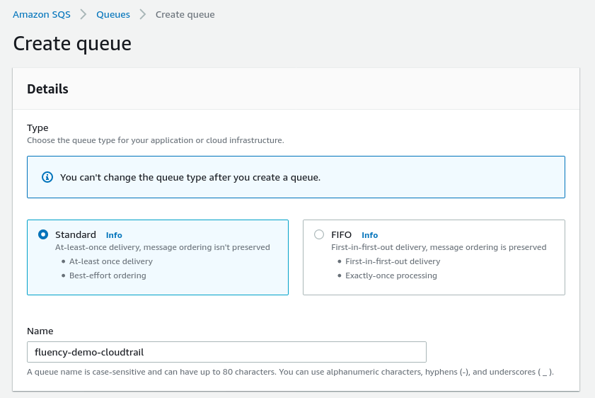 Create queue page in the SQS console with the queue name entered and the Standard type selected