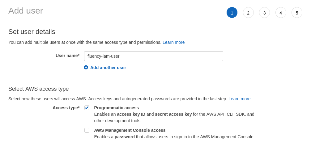 Add user form with a user name entered and the Programmatic access option selected