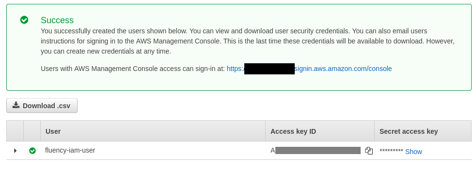 Completion page of the Add user wizard showing the Access key ID and the hidden Secret access key