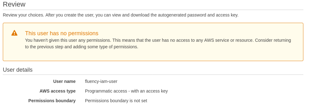 Set permissions step of the Add user wizard with no policies attached