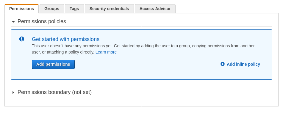 Permissions tab of the IAM user with no policies attached and the Add inline policy link