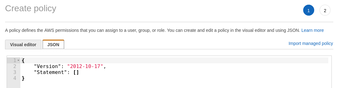 Create policy page with the JSON tab selected and an empty policy document