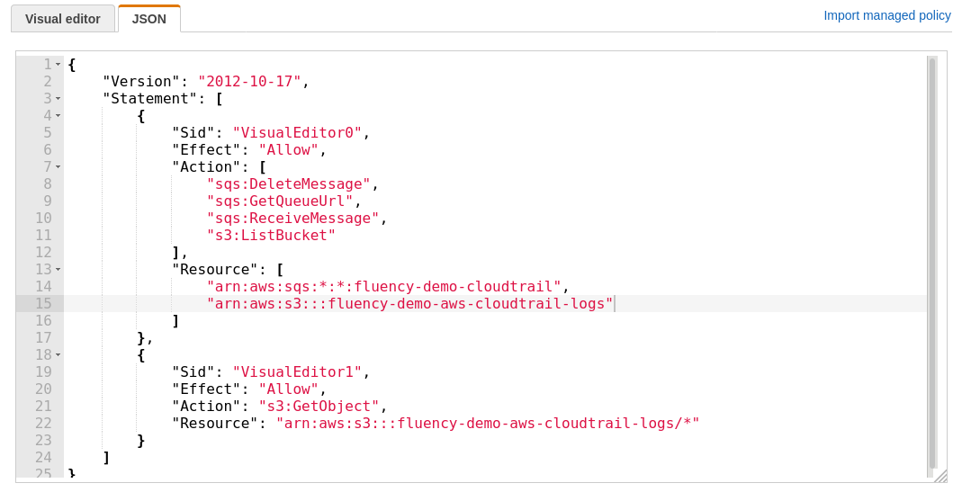 JSON tab of the Create policy page with the S3 and SQS policy document pasted in