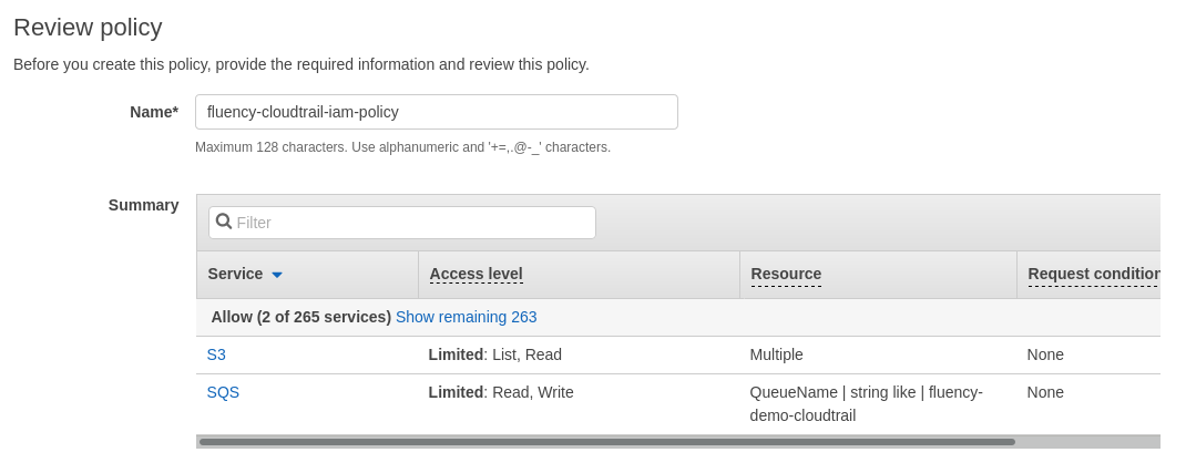 Review policy page with the policy name entered and the permissions summary listed