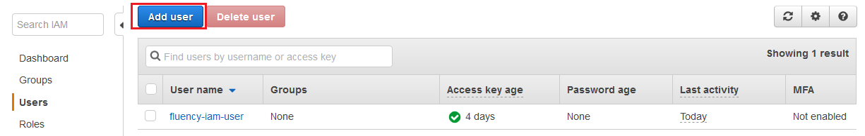 IAM section of the AWS Management Console with the Users list and the Add user button