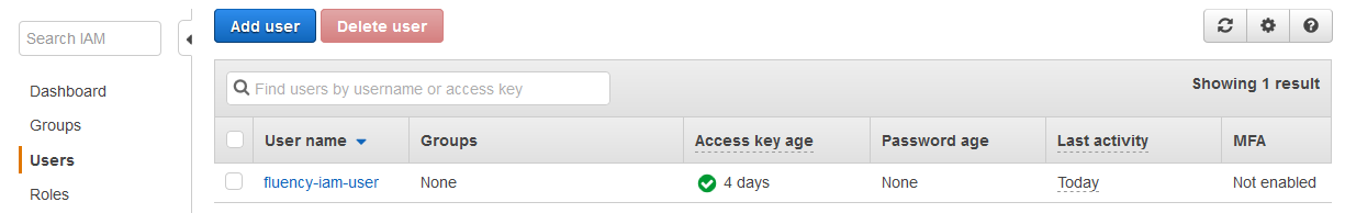 IAM Users list with the newly created Fluency user selected