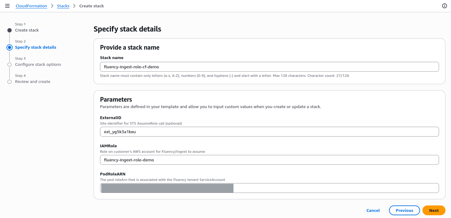 CloudFormation Specify stack details step, with the stack name and the ExternalID, IAMRole and PodRoleARN parameters filled in; the pod role ARN redacted