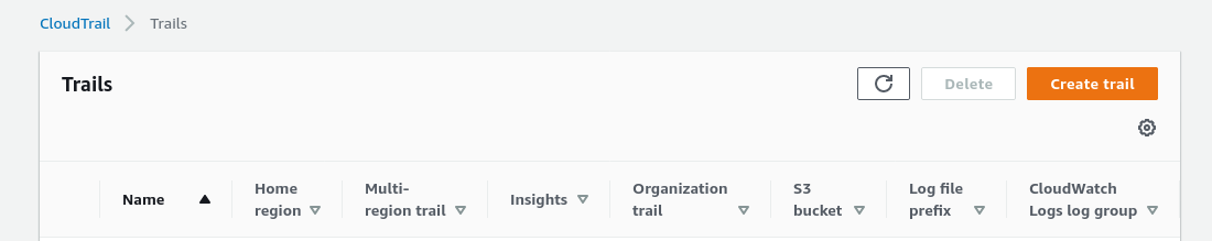 CloudTrail section of the AWS Management Console with the Create trail button