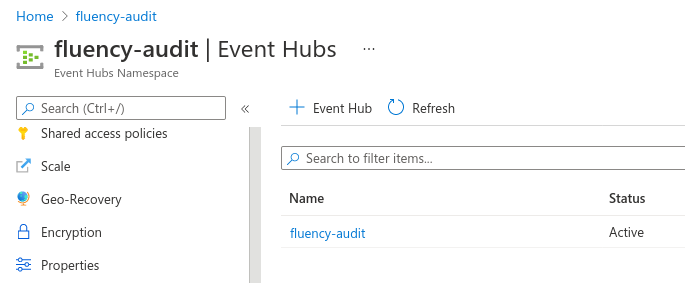 Event Hubs list with the newly created event hub selected