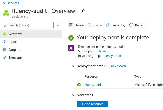 Event Hubs namespace deployment reported as complete