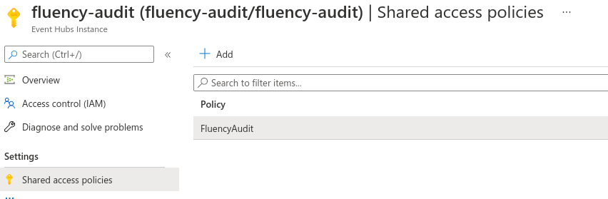 Shared access policy detail panel showing the primary key and connection string fields