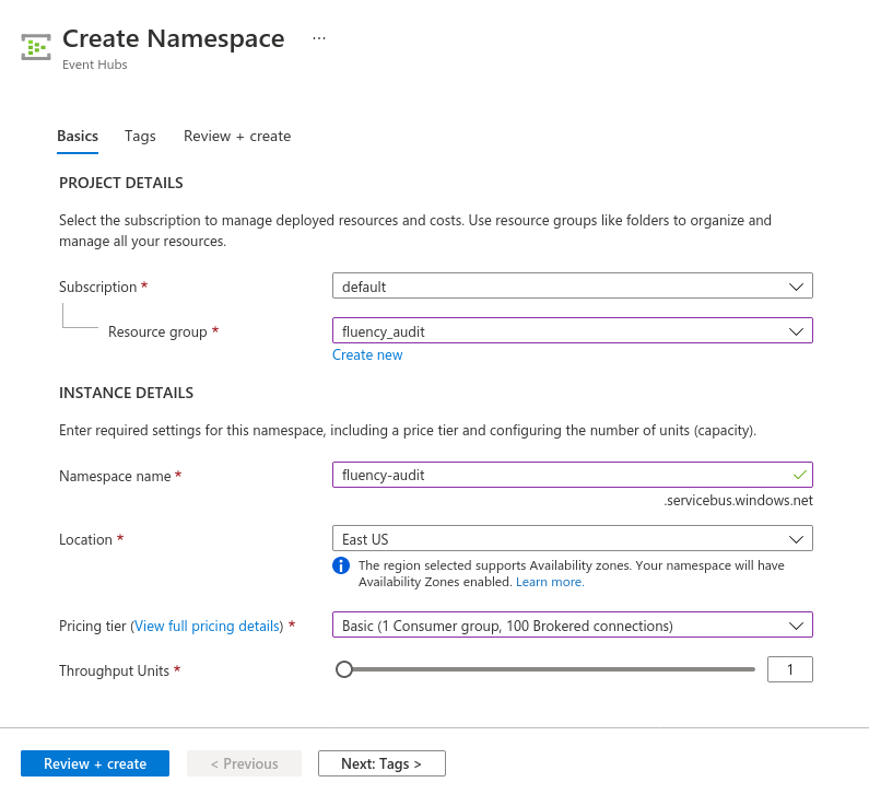 Create Namespace form for an Event Hubs namespace, with subscription, resource group, name and region set