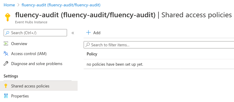 Shared access policies blade for the event hub, under Settings