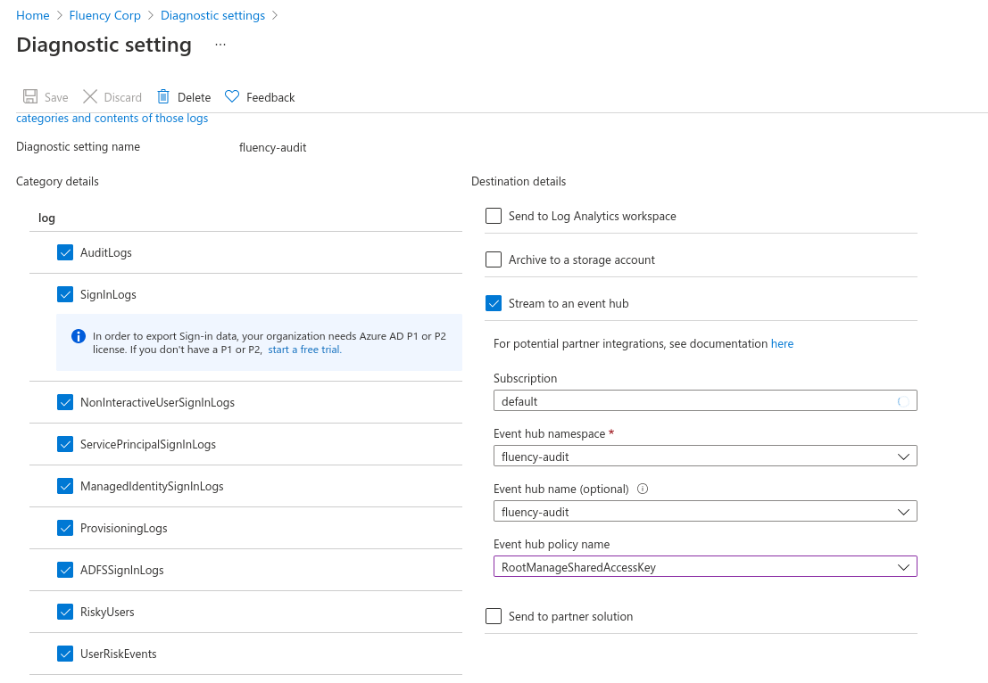 Diagnostic setting form with log categories selected and Stream to an event hub checked