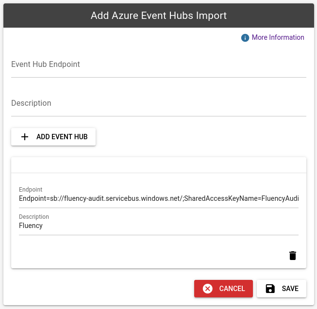 Azure EventHub integration form with the + ADD EVENT HUB button