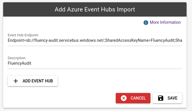 Azure EventHub integration form with the connection string, name and description entered