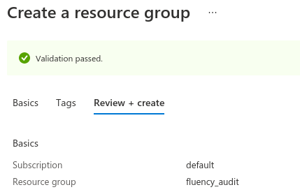 Create a resource group form with the subscription, resource group name and region filled in