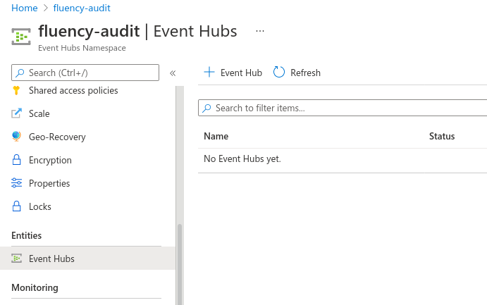 Event Hubs blade under Entities, with the + Event Hub button at the top