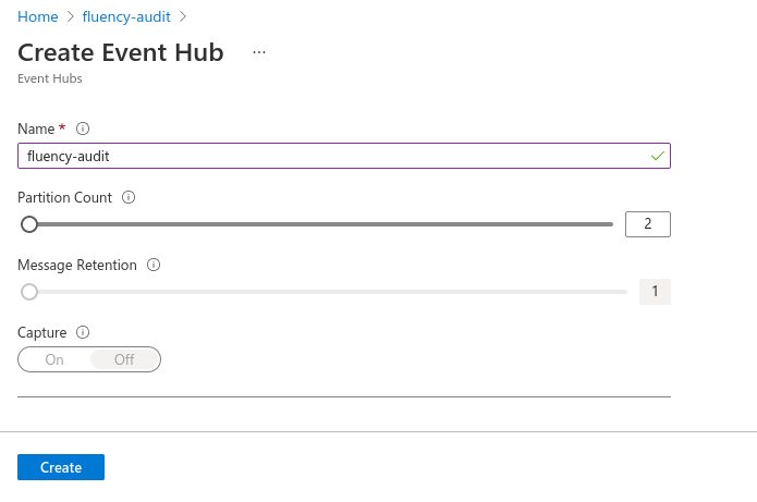 Create Event Hub panel with the event hub name entered
