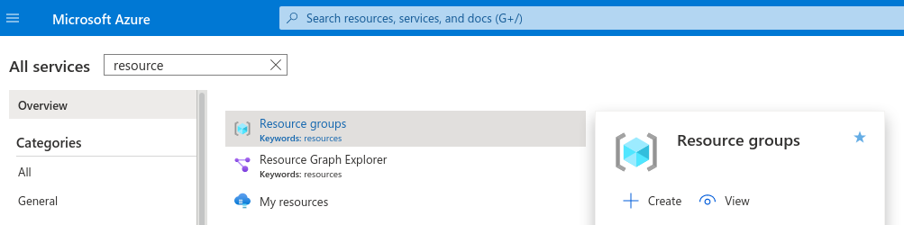 Azure portal with the Resource groups blade open
