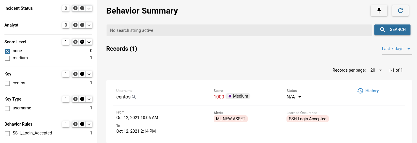 The same behavior summary search as issued by the Fluency interface, with its aggregations response