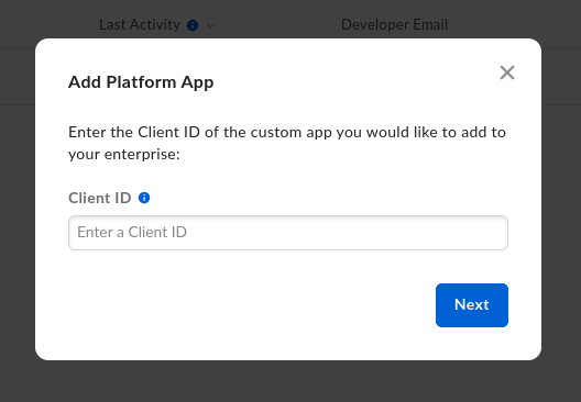 Box Add Platform App dialog with an empty Client ID field and a Next button