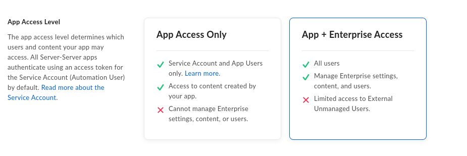 Box App Access Level section with App Access Only and App + Enterprise Access side by side, and App + Enterprise Access selected