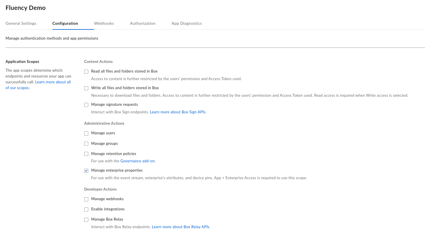 Box Application Scopes with only Manage enterprise properties ticked under Administrative Actions