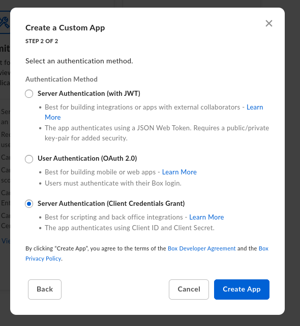 Box authentication method dialog with Server Authentication (Client Credentials Grant) selected, alongside the JWT and OAuth 2.0 options