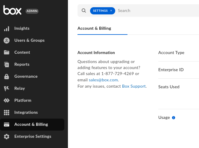 Box Admin Console Account and Billing page with Enterprise ID listed under Account Information