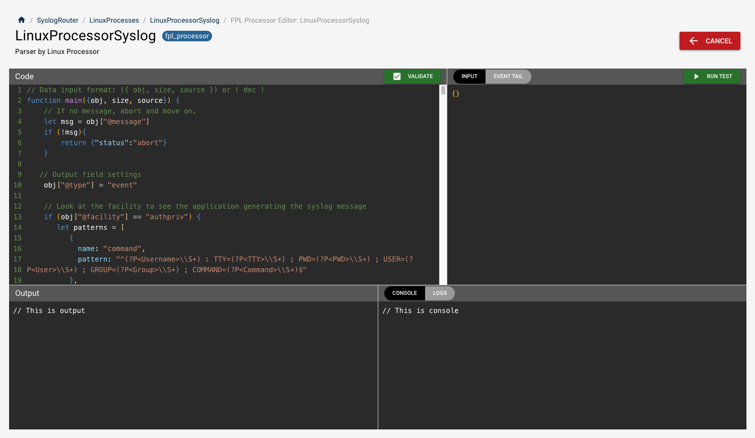 FPL Processor Editor with the Code pane at the top left, Input at the top right, Output at the bottom left and Console at the bottom right