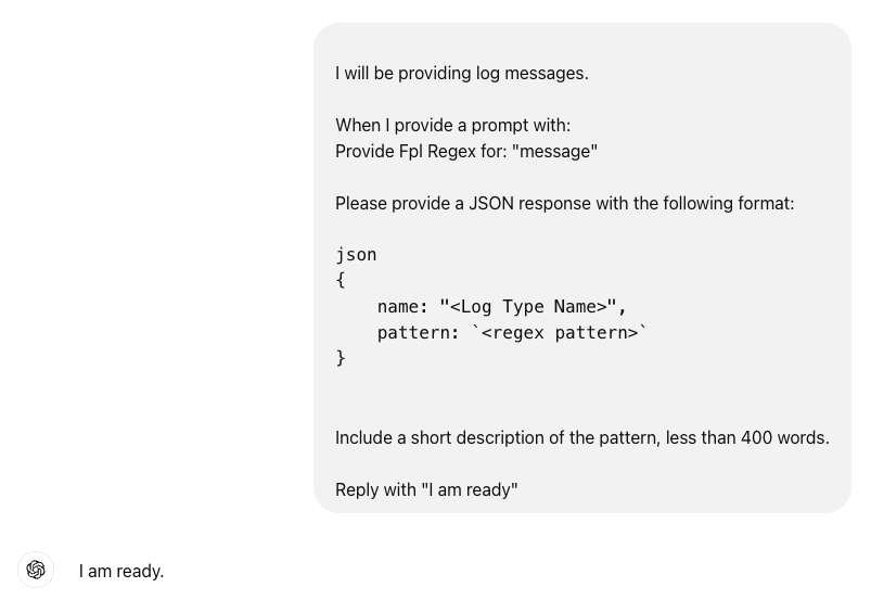 The prompt above pasted into ChatGPT, which replies that it is ready