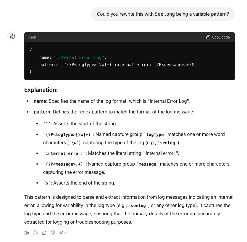The revised reply from ChatGPT after being asked to make Seelog a variable, capturing the log type as a logType group