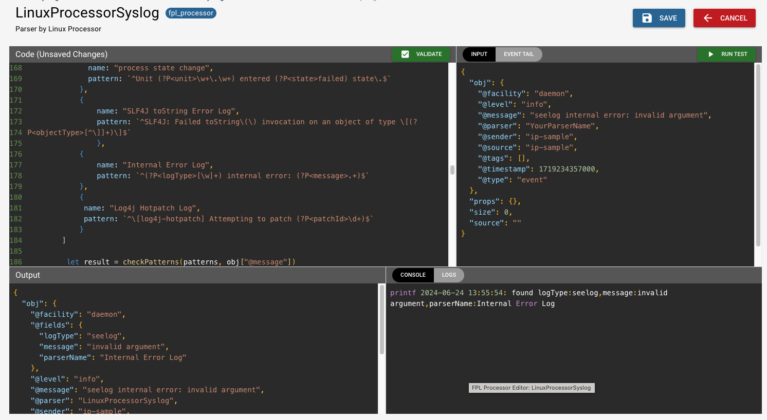 The rerun test: the Output now carries a logType field of seelog and the Console reports parserName Internal Error Log