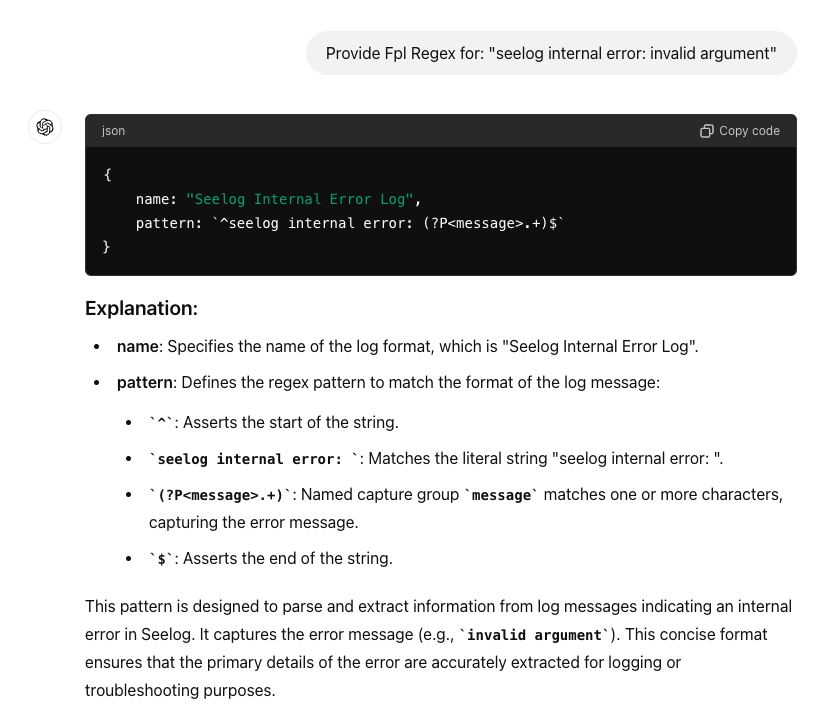 The reply from ChatGPT: a json block holding the name and pattern with a Copy code button, followed by a field-by-field explanation