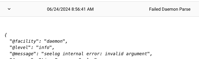 The same row expanded to the JSON view, showing the @facility, @level and @message fields