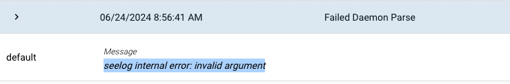 An Events Search result row tagged Failed Daemon Parse, with the message seelog internal error: invalid argument selected