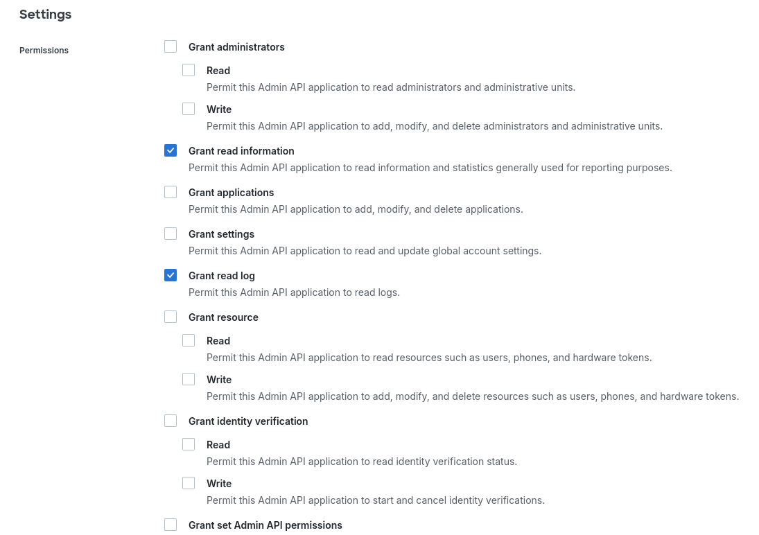 Duo Admin API permissions list with Grant read information and Grant read log checked and all other permissions unchecked
