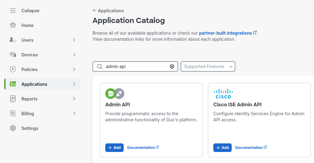 Duo Application Catalog filtered to "admin api", showing an Admin API card and a Cisco ISE Admin API card side by side